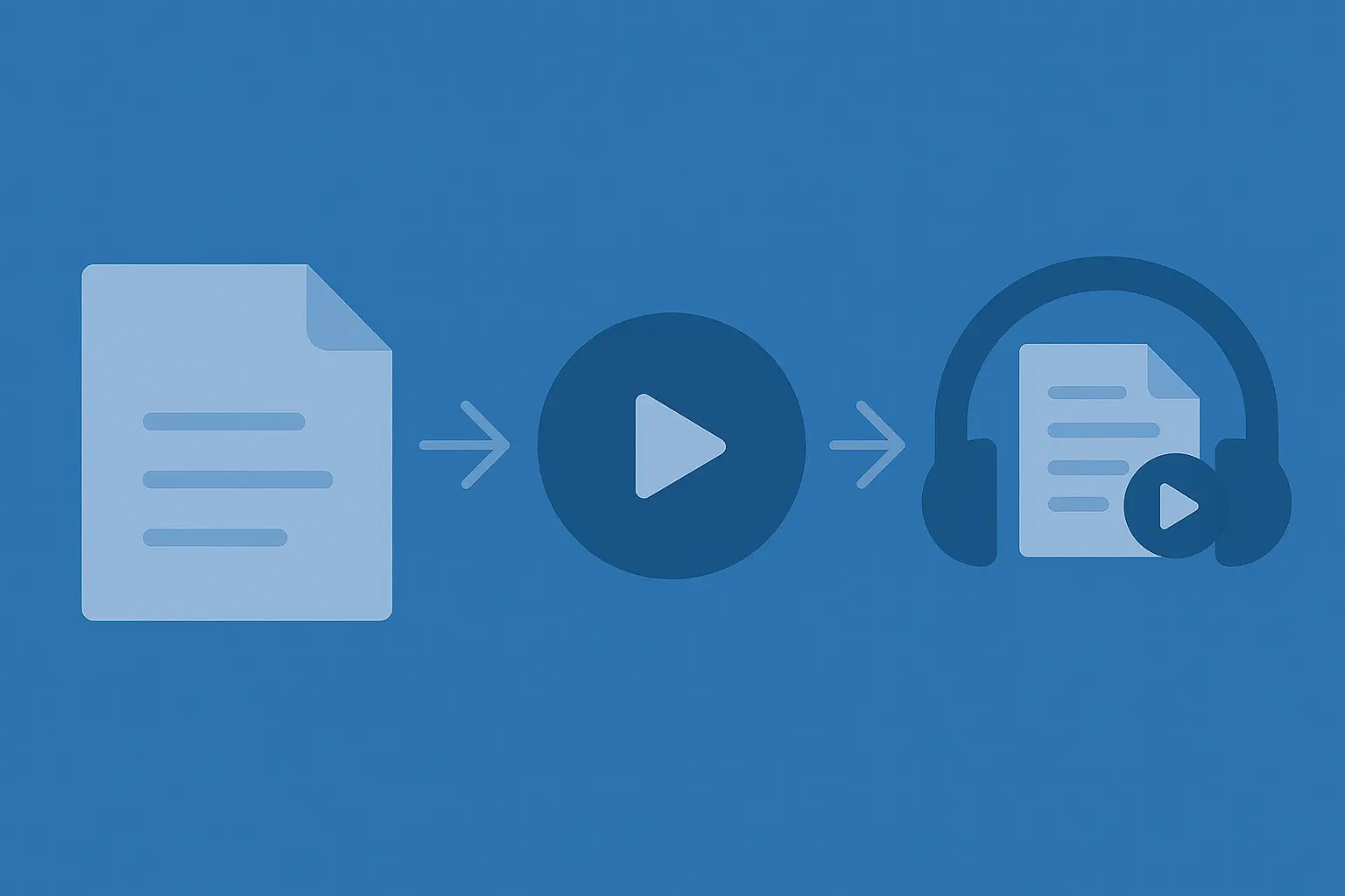 Flat blue illustration showing a PDF icon, an arrow to a play button, then an arrow to headphones around a PDF with a play badge, representing PDF, audio, and PDF plus audio.