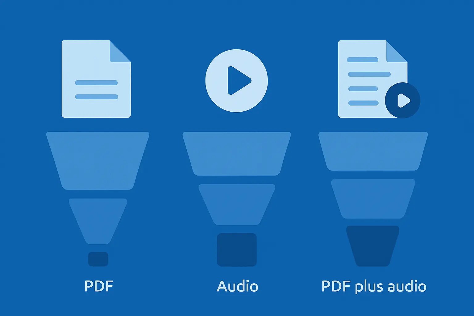 Flat blue illustration of three stylised funnels for PDF, audio and PDF plus audio, each showing different drop off levels to represent the calculator’s default assumptions.