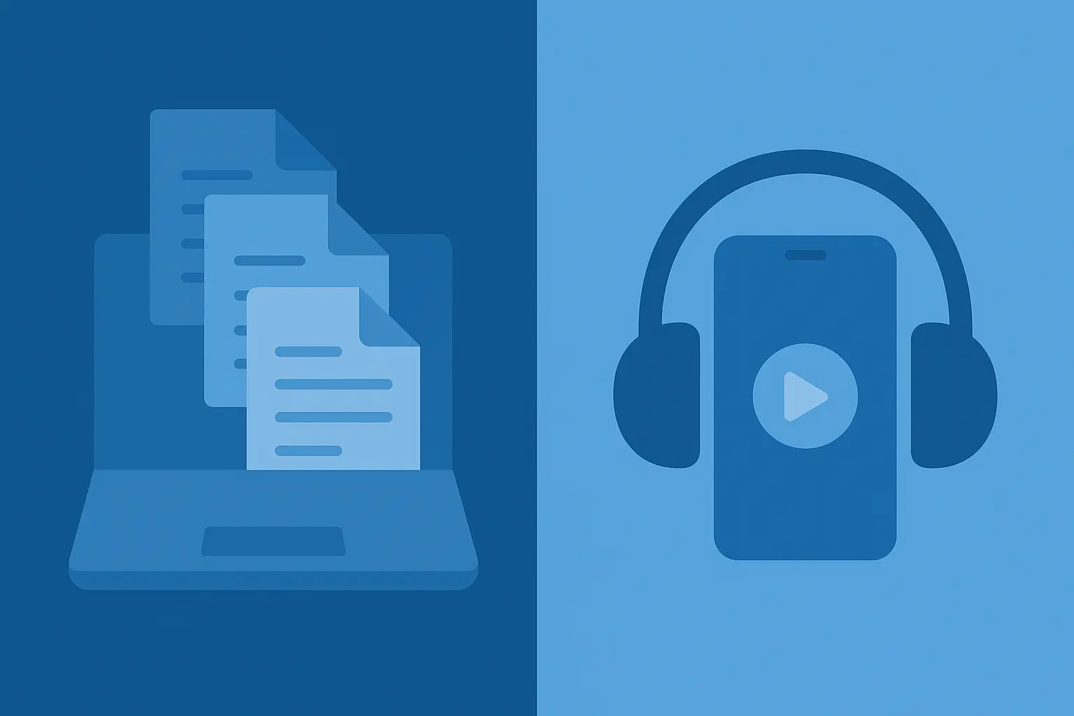 Clutter of PDF icons on one side and a simple audio listening icon on the other
