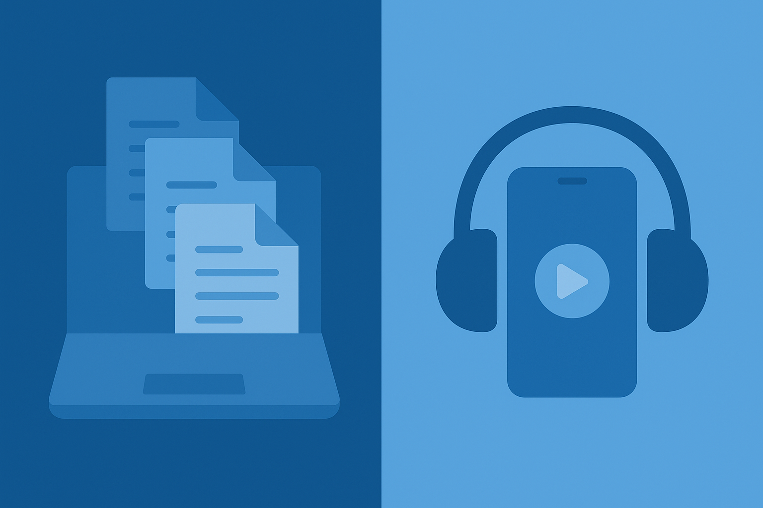 Clutter of PDF icons on one side and a simple audio listening icon on the other