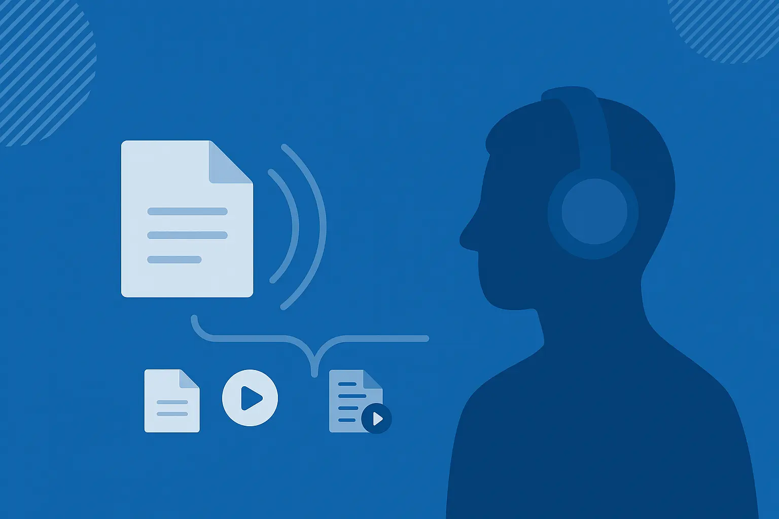 Flat blue illustration of a person wearing headphones listening to a document that is emitting audio waves, with smaller icons for PDF, audio and PDF plus audio beneath it.