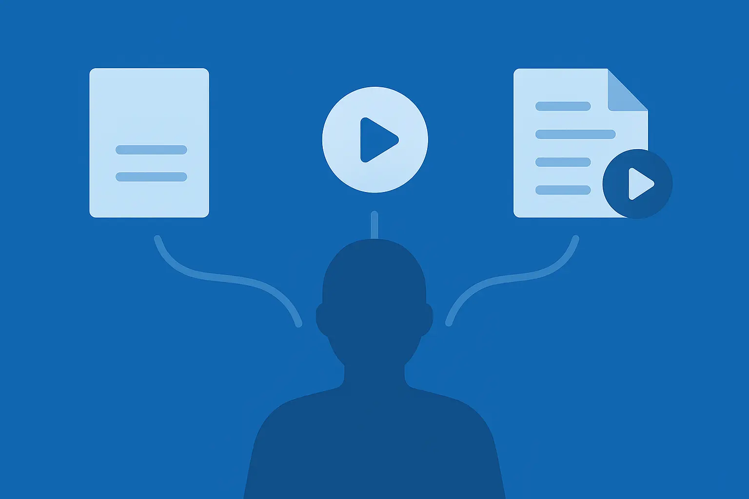 Flat blue illustration of a person silhouette looking at three icons for PDF, audio and PDF plus audio, each connected to the person by curved lines to show different starting options.