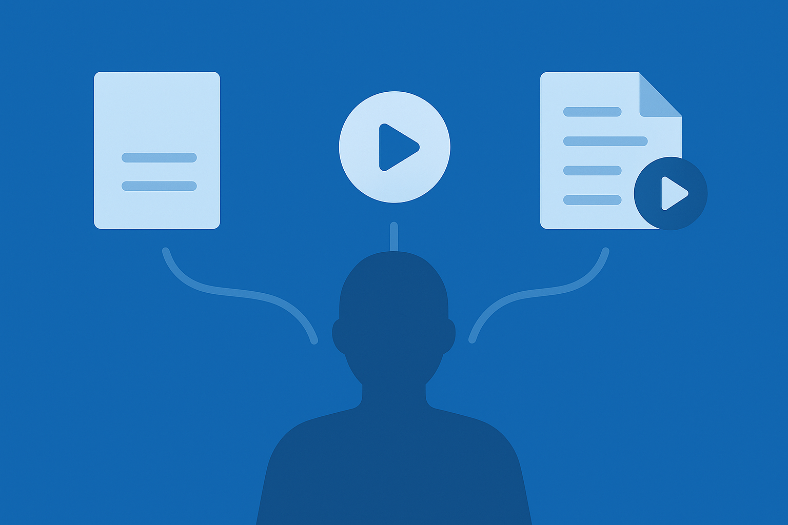 Flat blue illustration of a person silhouette looking at three icons for PDF, audio and PDF plus audio, each connected to the person by curved lines to show different starting options.