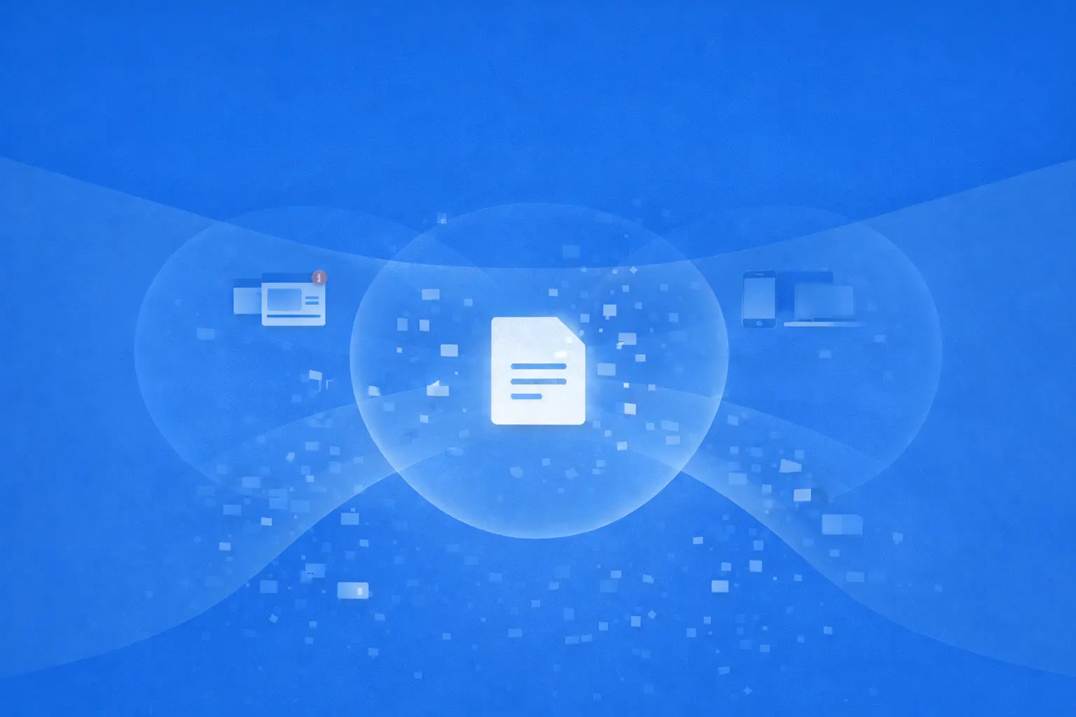 Conceptual illustration showing a central content document subtly fragmented by overlapping forces such as distractions, device context, and structural friction, representing why content is not fully consumed