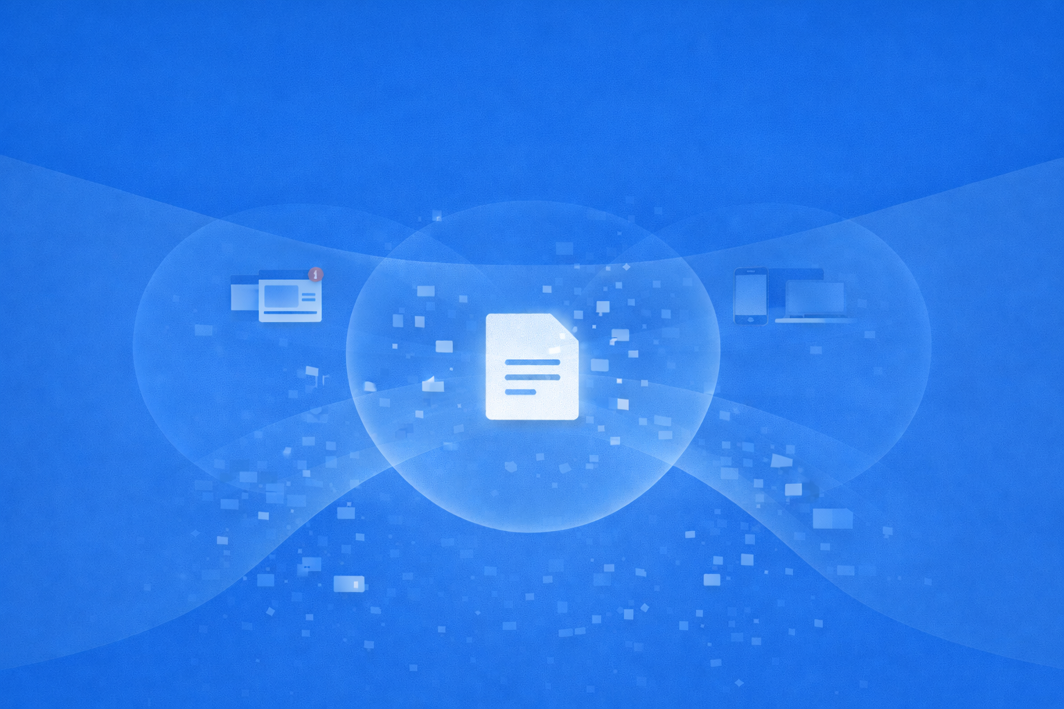 Conceptual illustration showing a central content document subtly fragmented by overlapping forces such as distractions, device context, and structural friction, representing why content is not fully consumed