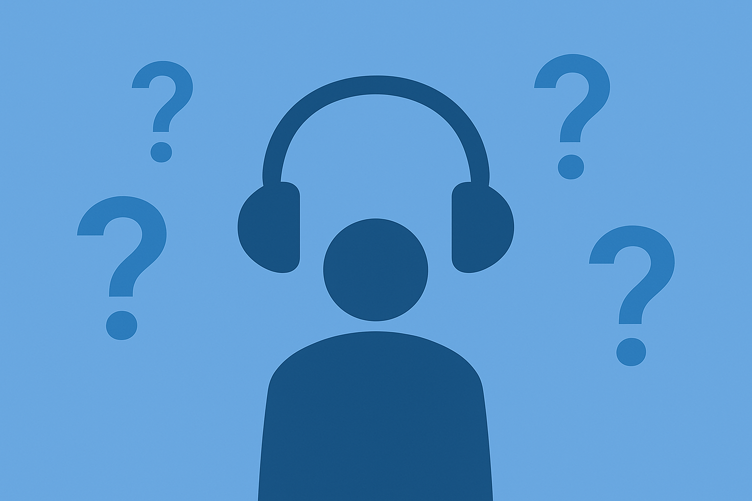 Listener with headphones surrounded by question mark icons, symbolising questions about audio content.
