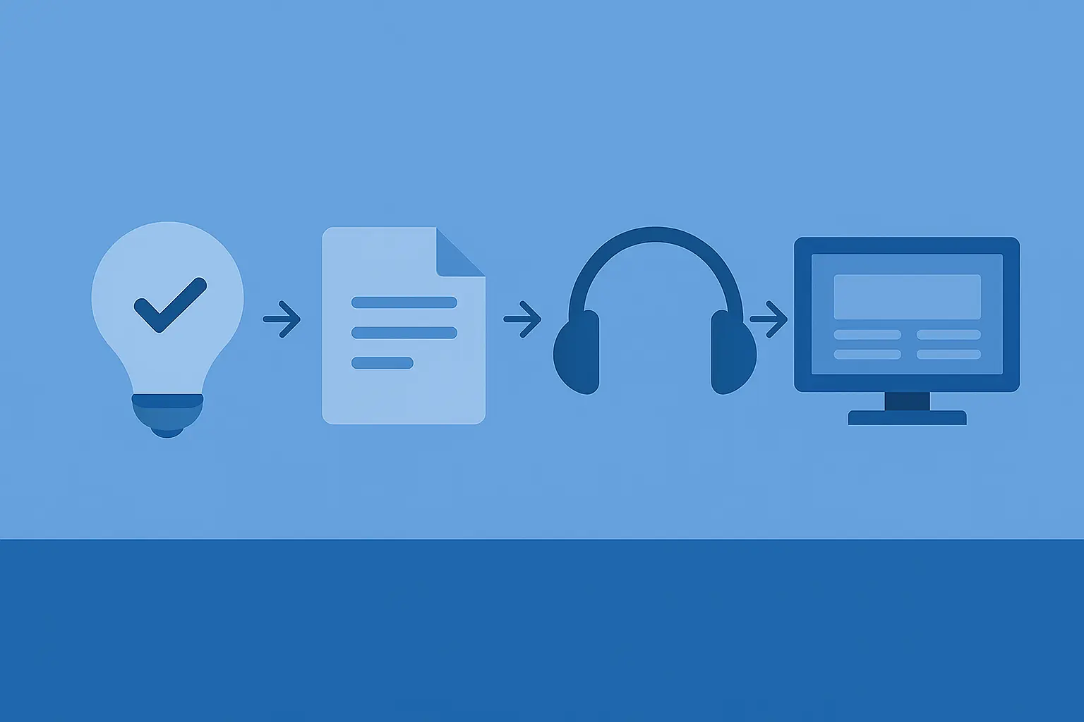 Horizontal timeline of icons moving from idea to script to audio to a live page.