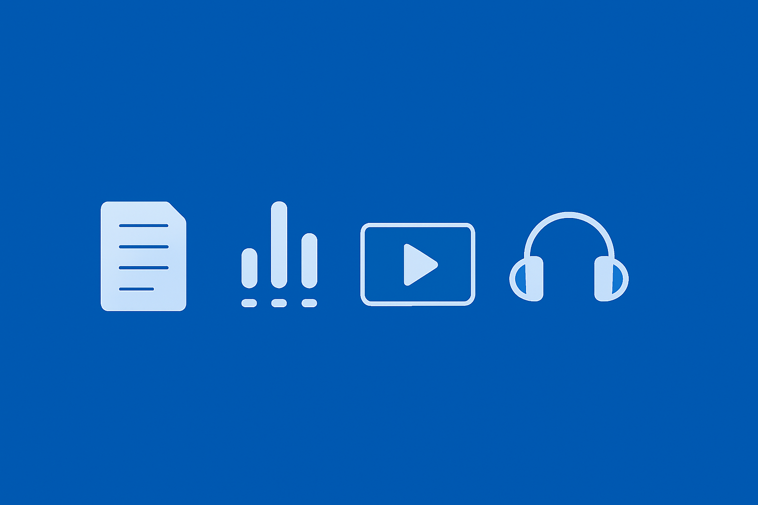 Row of minimalist icons on blue background representing B2B SaaS content formats: document for reading, bar chart for analytics, video screen, and headphones for audio.