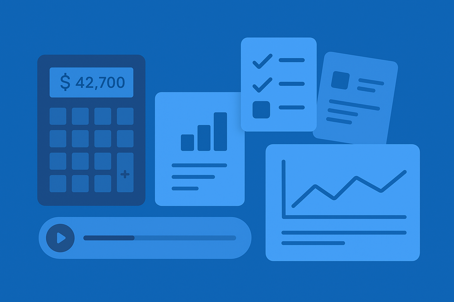 Blue illustration showing an ROI calculator, bar and line charts, checklist cards, and an audio player bar, representing interactive B2B SaaS formats like calculators, quizzes, diagnostics, and product tours supported by audio.