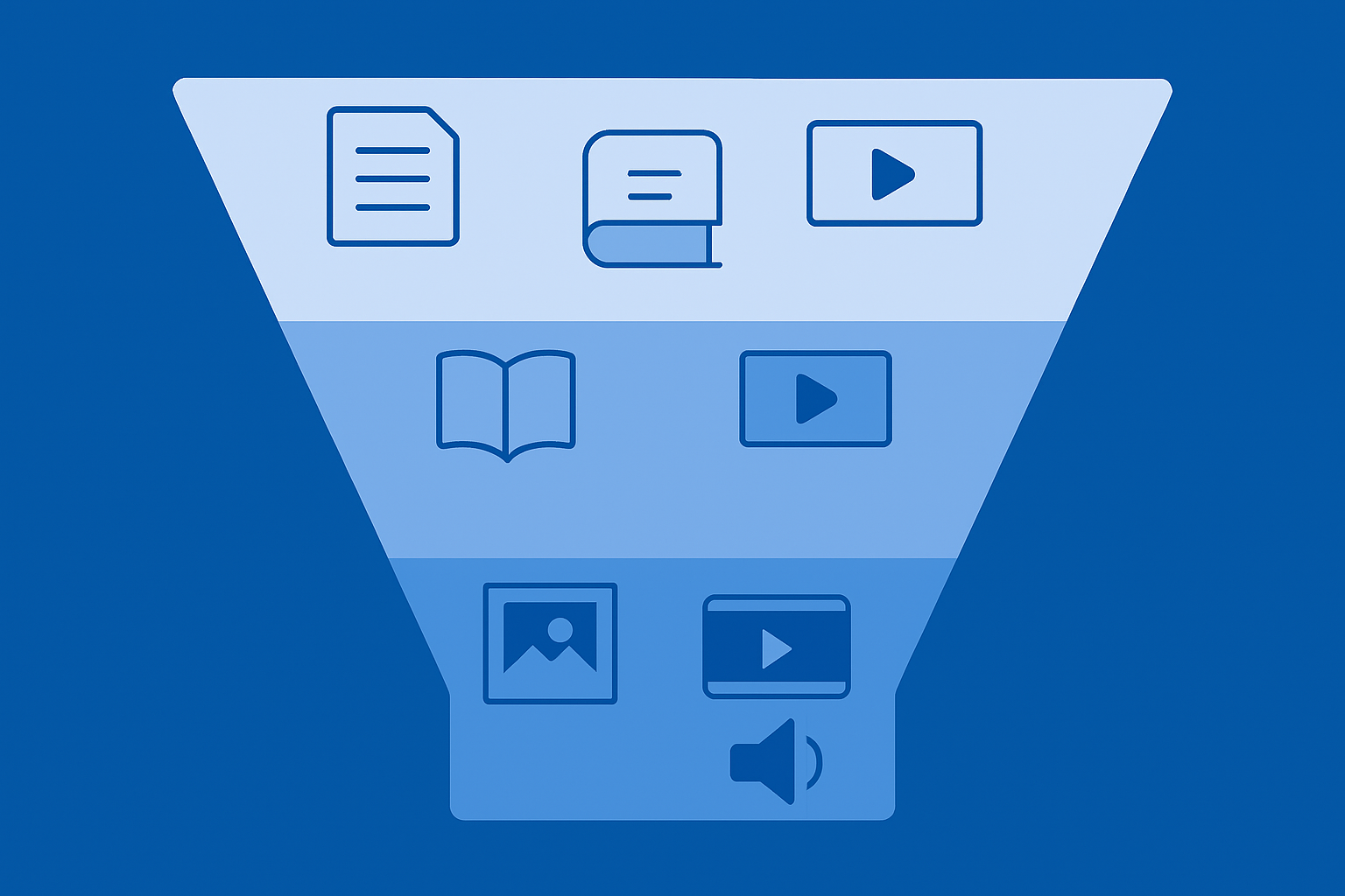 Blue landscape illustration of a three stage sales funnel filled with icons for documents, ebooks, videos, case study image, and an audio speaker, representing a balanced 2026 B2B SaaS resource mix across the funnel.