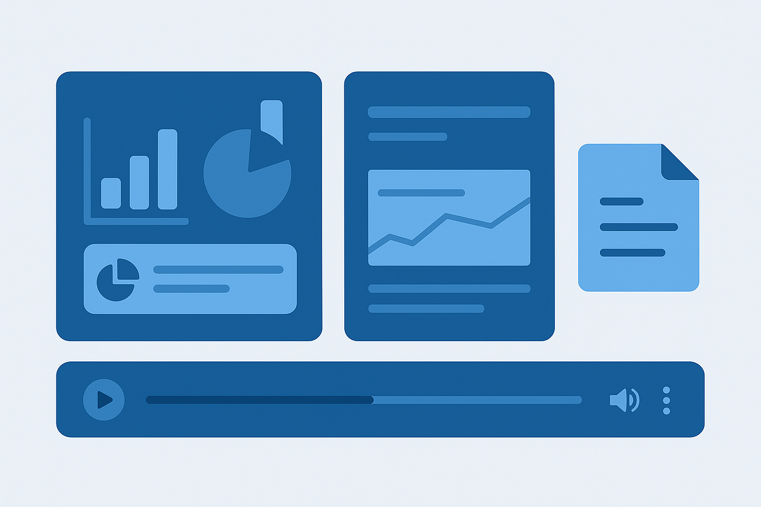 Blue illustration showing an infographic with bar and pie charts, a slide deck with a line graph, a one page document, and an audio player bar, representing visual B2B SaaS formats like infographics, data stories, and decks.
