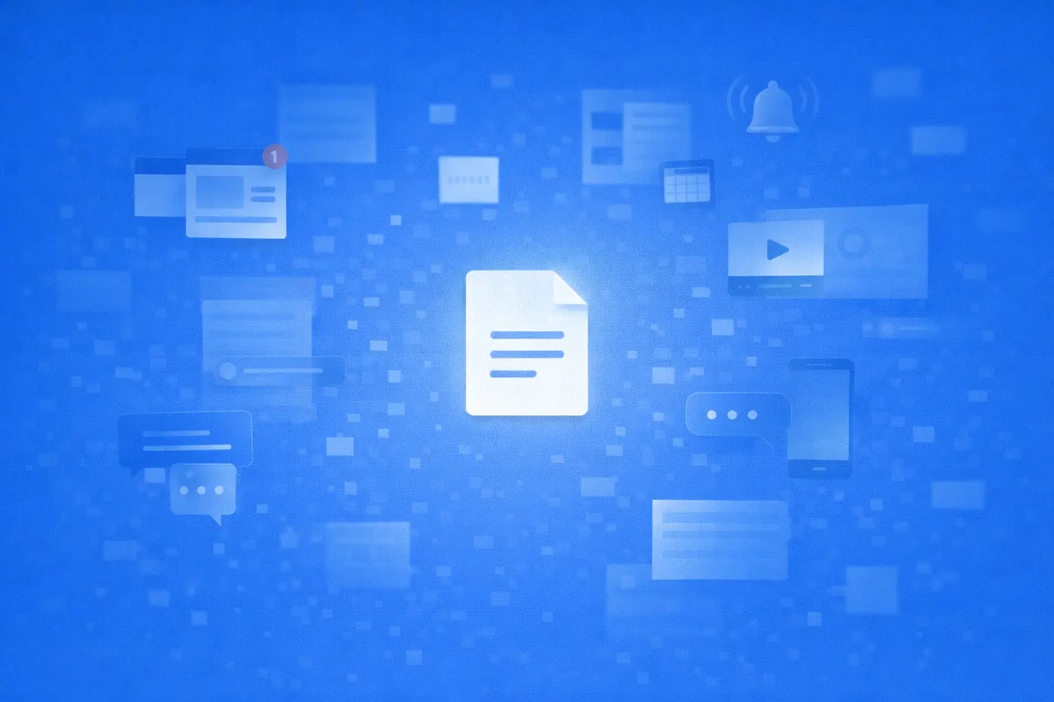Conceptual illustration showing a single content card surrounded by blurred digital elements and notifications, representing short attention spans and information overload.