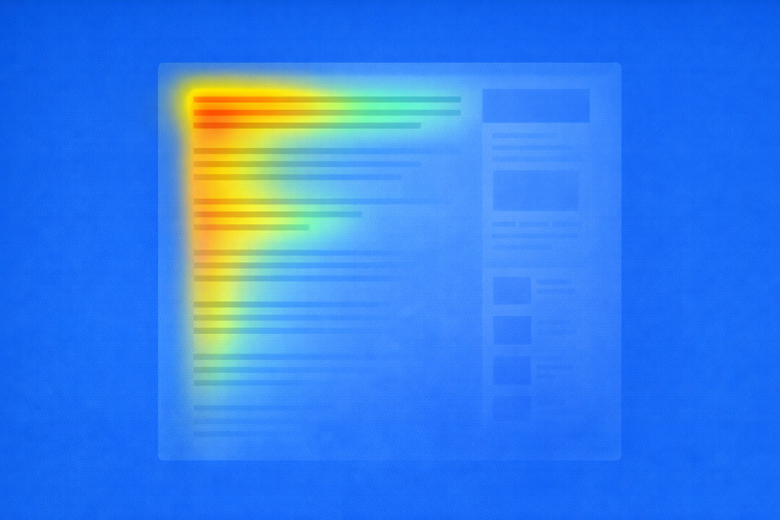 Eye-tracking heatmap showing the F-shaped scanning pattern as users skim web pages Caption: Readers focus heavily on top lines and the left edge, then attention tapers quickly further down the page.