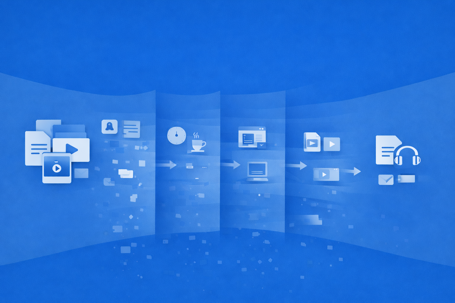Conceptual illustration showing how content fragments over time due to distractions and context shifts, with fewer pieces reaching full consumption