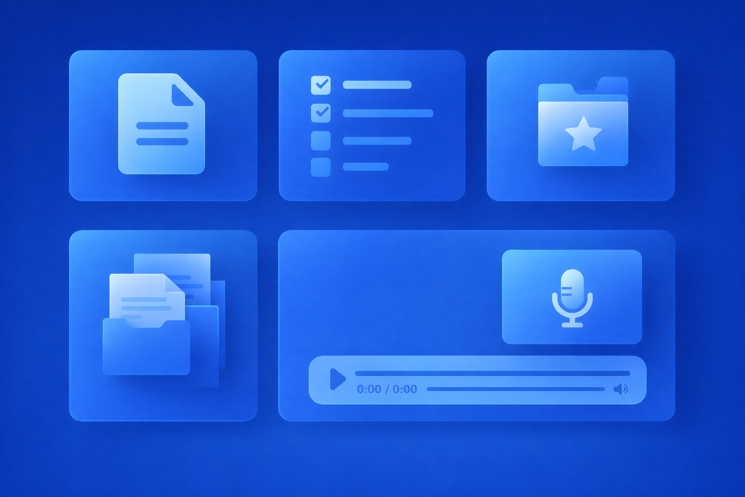 Flat vector illustration of an accounting firm client resources hub with document cards, checklist, client portal, welcome packet, and audio player on a blue gradient background.