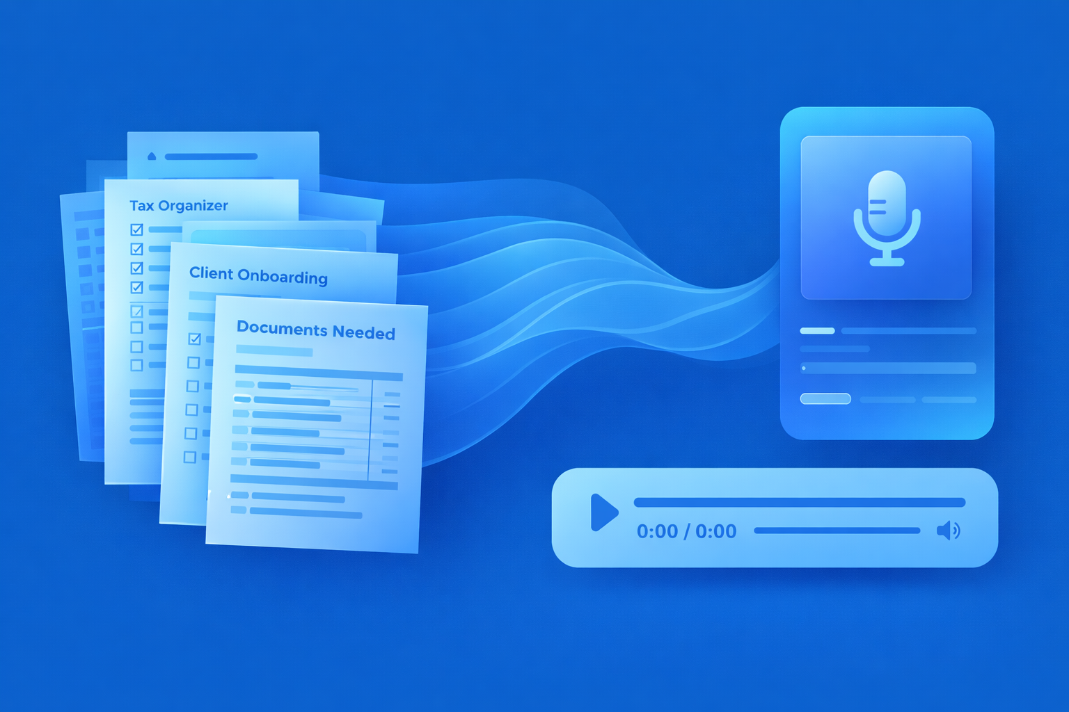 Minimal flat vector illustration in Auripath’s blue gradient style showing a stack of accounting documents on the left, flowing into soft motion shapes in the center, and transforming into a mobile listening card and audio player on the right, representing tax and onboarding paperwork turned into a guided audio resource.