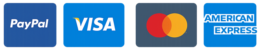 Accepted payment methods including PayPal, Visa, Mastercard, and American Express