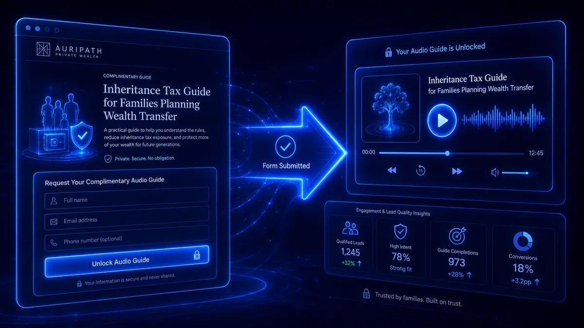 Example landing page for an inheritance tax guide with lead capture and unlocked audio guide