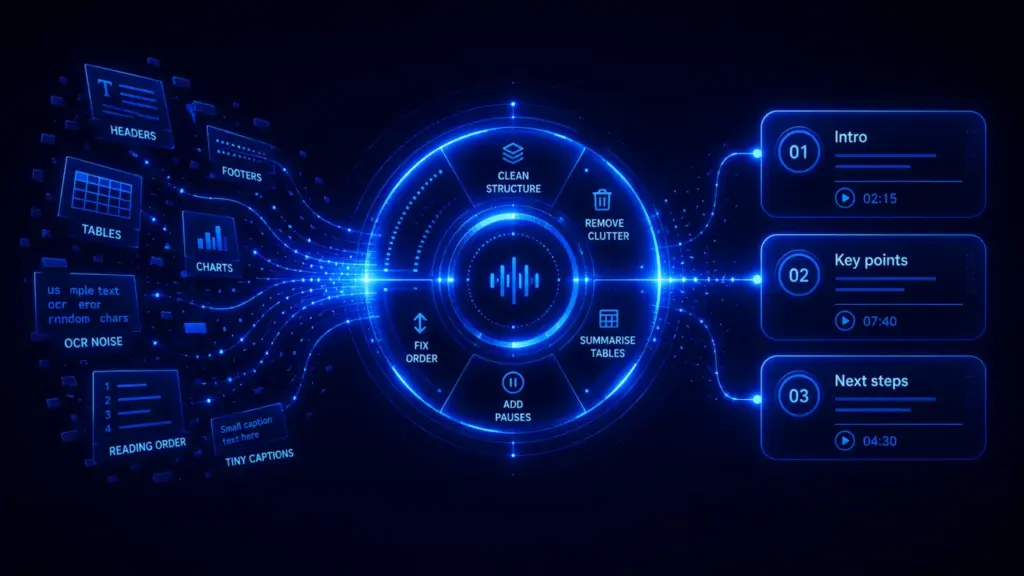 Abstract illustration showing messy document fragments being refined into clean audio-ready sections.