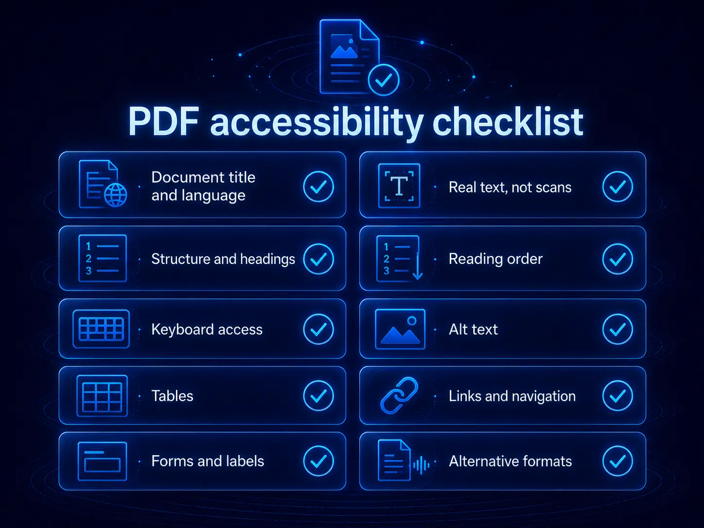 Checklist cards for testing PDF accessibility, including reading order, alt text, forms and alternative formats.