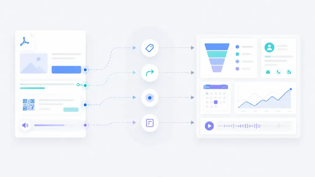 Illustration showing PDF clicks, QR scans, forms and audio listens turning into marketing outcomes