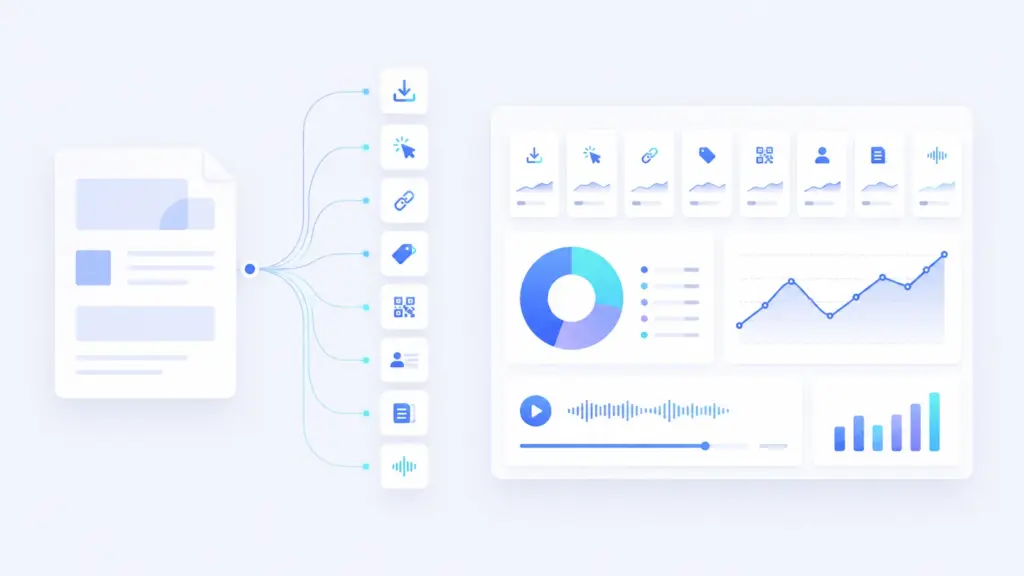 Illustration showing a PDF document connected to analytics signals including downloads, clicks, QR codes, leads and audio engagement