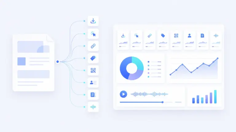 Illustration showing a PDF document connected to analytics signals including downloads, clicks, QR codes, leads and audio engagement