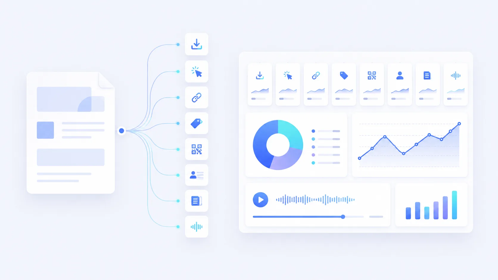 Illustration showing a PDF document connected to analytics signals including downloads, clicks, QR codes, leads and audio engagement