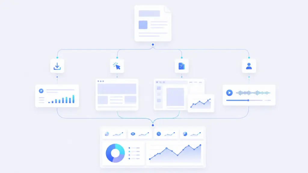 Diagram showing four PDF analytics methods flowing from a PDF into a combined analytics dashboard