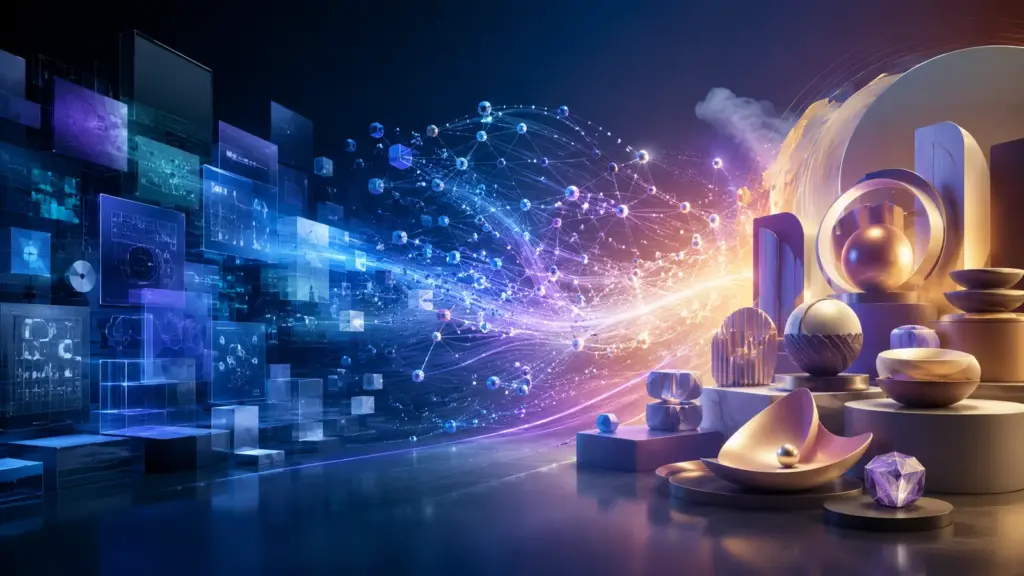 Abstract AI workflow turning software processes into finished service outcomes