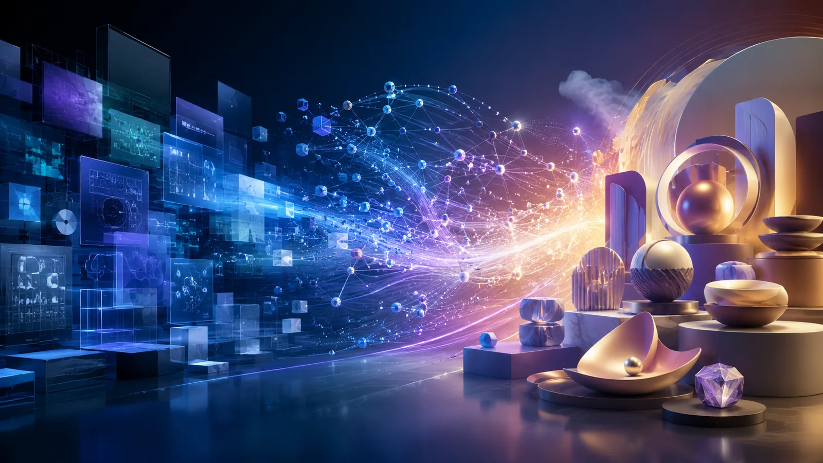 Abstract AI workflow turning software processes into finished service outcomes