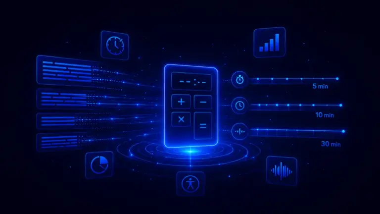 Abstract neon illustration of written text transforming into measured audio time bars.