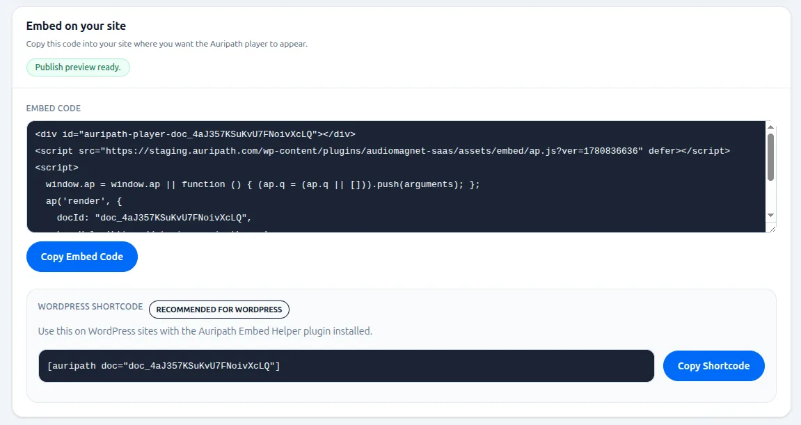 Auripath publish and embed code screen