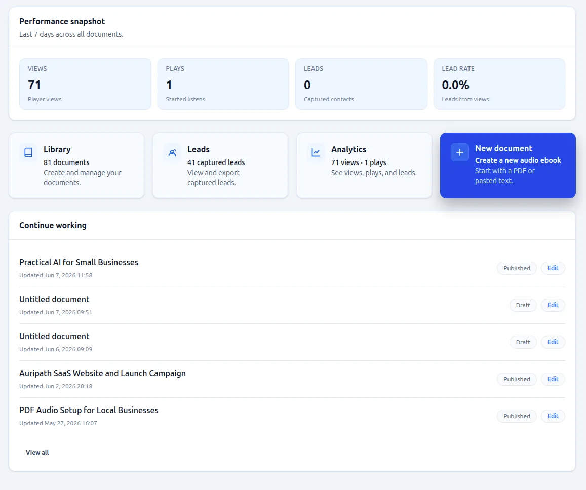 Auripath new document screen